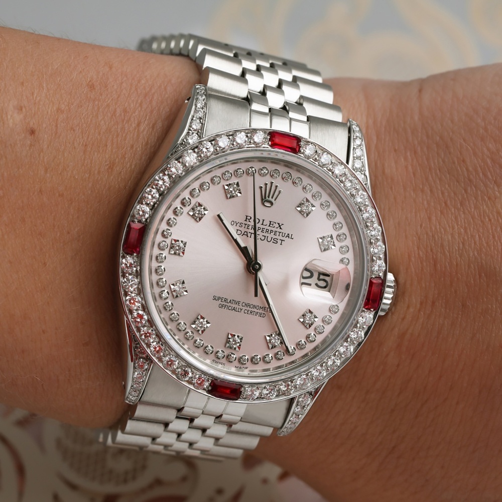 Rolex SS 36mm Pink String Custom Rubies/Diamonds